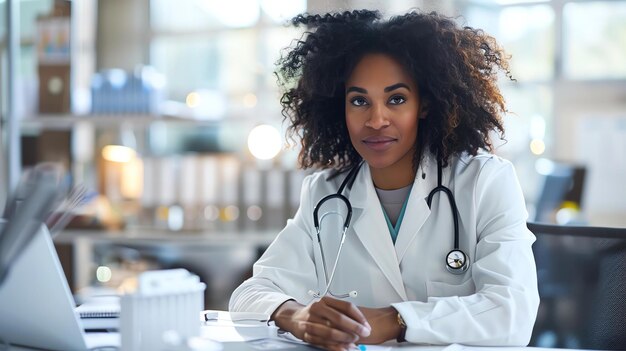 Una joven doctora está sentada en su escritorio y mirando a la cámara lleva una bata blanca de laboratorio y un estetoscopio alrededor del cuello