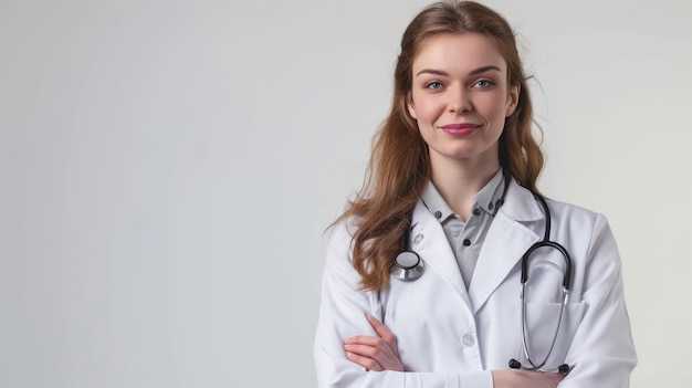 Una joven doctora europea lleva un abrigo blanco sobre un fondo blanco