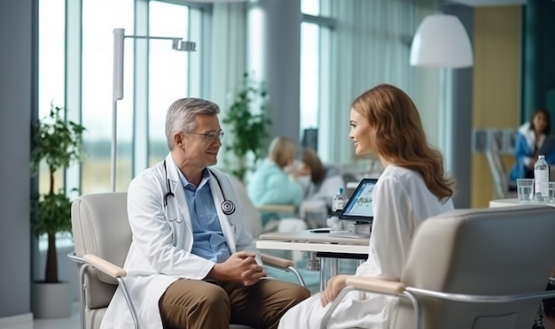 Foto una joven doctora hablando con un supervisor masculino mientras está sentada en la oficina médica.