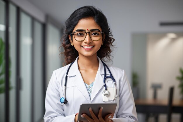 Foto joven doctora india feliz con abrigo blanco y gafas trabajando en una tableta