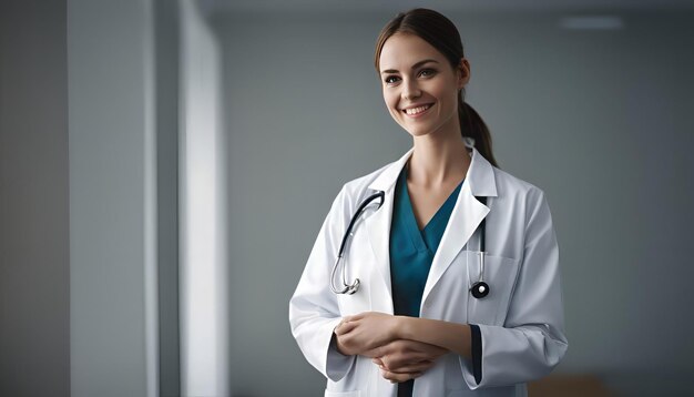 Foto joven doctora de pie en la oficina del hospital concepto médico y de atención médica