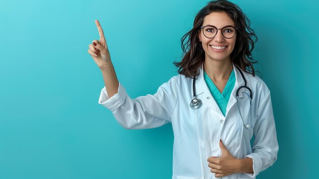 Una joven doctora señalando con su dedo con un gran espacio para el texto o el producto contra un fondo azul IA generativa