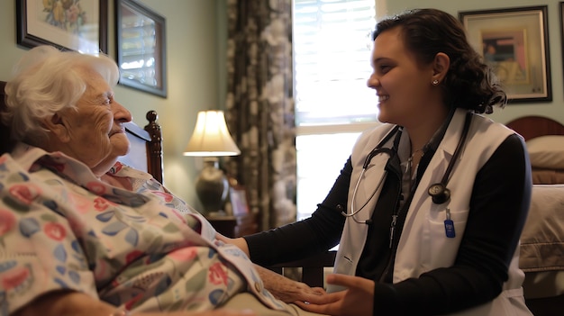 Foto una joven doctora está sentada en el borde de una cama hablando con una anciana paciente la doctora está sonriendo y sosteniendo la mano de la paciente