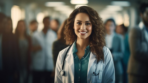 joven doctora sonriendo mientras está de pie