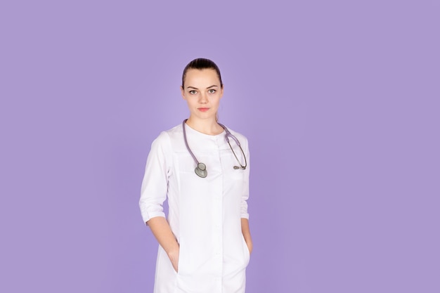 Joven doctora en uniforme blanco con fonendo en su cuello