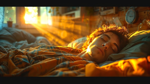 Foto joven durmiendo en la cama por la mañana