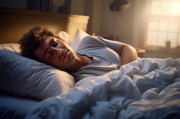 Foto joven durmiendo cómodamente en la cama generada por la ia