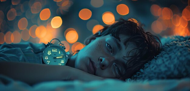 Joven durmiendo con el despertador bajo las luces de bokeh