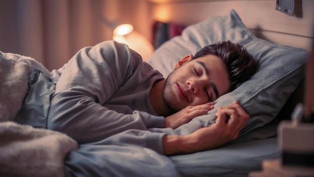 Un joven durmiendo en su cama.