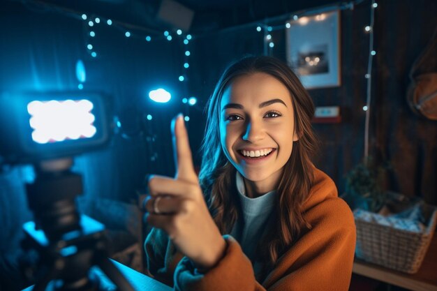 Joven e inteligente Hermosa mujer joven en ropa casual sonriendo mientras graba video IA generativa