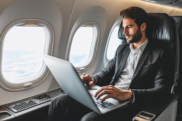 Un joven ejecutivo barbudo está en un avión administrando contratos de venta.