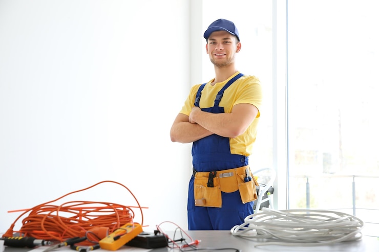 Foto joven electricista en el lugar de trabajo