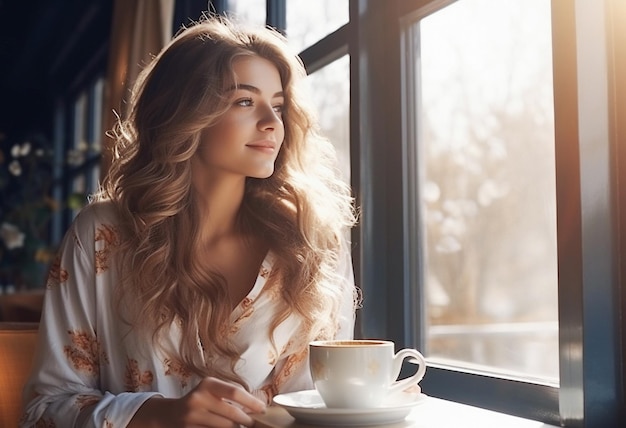 Una joven elegante bebiendo café en el café.