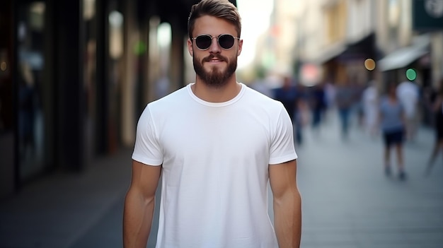 Un joven elegante con una camiseta blanca y una foto en la calle