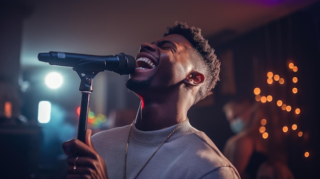 Joven elegante canta en un micrófono en una fiesta en casa