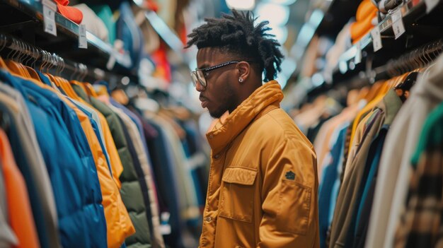 Un joven elegante compra chaquetas de moda en una tienda de ropa
