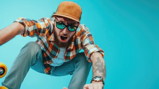 Foto un joven elegante y despreocupado con una gorra y gafas de sol sin esfuerzo patinando por las calles