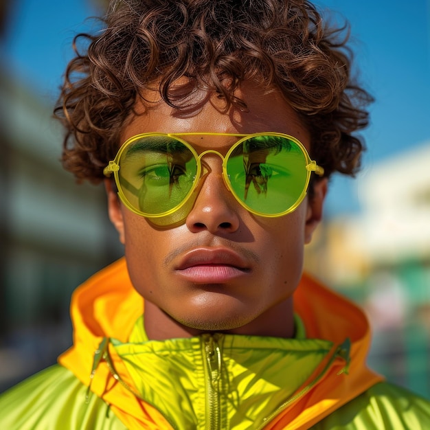 Joven elegante con gafas de sol amarillas