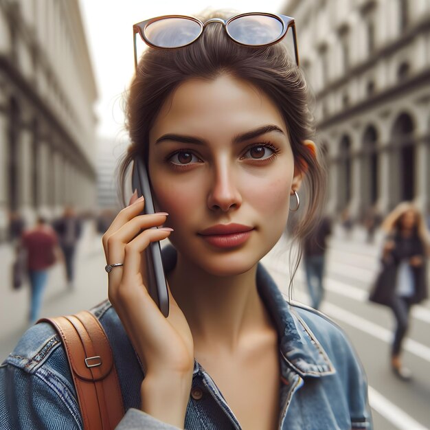 Una joven elegante hablando por teléfono durante la hora dorada en una concurrida calle de la ciudad