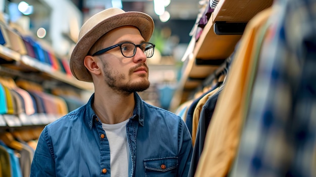 Joven elegante mirando ropa en una boutique Denim sombrero hipster gafas escena de compras de moda casual en una tienda urbana de moda Elegir un nuevo armario IA