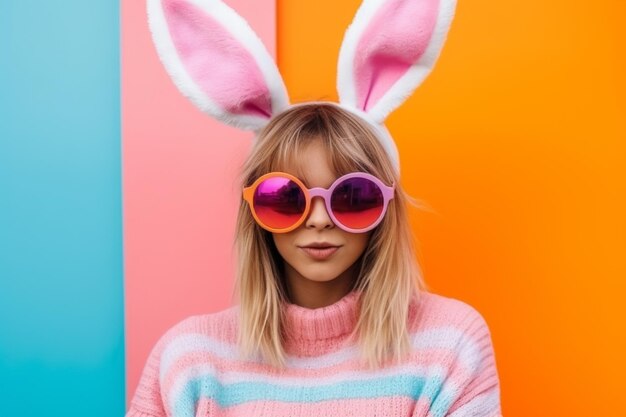 joven elegante con orejas de conejo feliz pascua