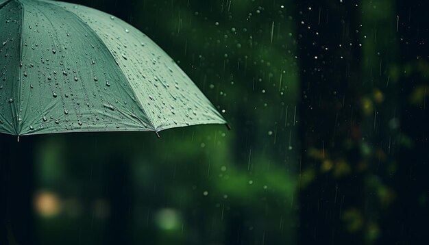 Joven elegante con un paraguas verde vibrante disfrutando de la lluvia mientras deja un amplio espacio para copiar