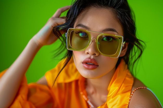 Una joven elegante posando con gafas de sol de gran tamaño y una camiseta naranja contra un fondo verde