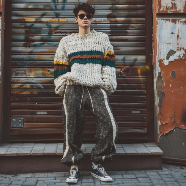 Un joven elegante posando en ropa de calle casual junto a un colorido muro de graffiti