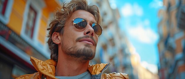 Joven elegante y seguro de sí mismo con gafas de sol en una concurrida calle de la ciudad rodeado de estructuras modernas