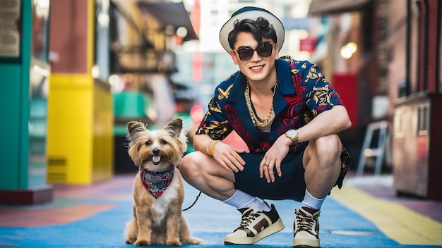 Foto joven elegante y su lindo perro