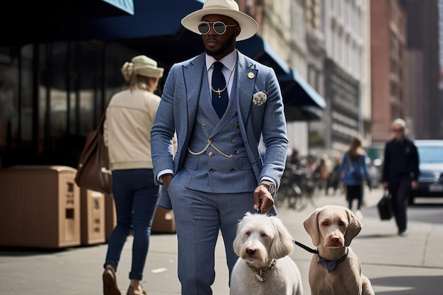 Joven elegante con traje azul y sombrero caminando con sus perros en la calle