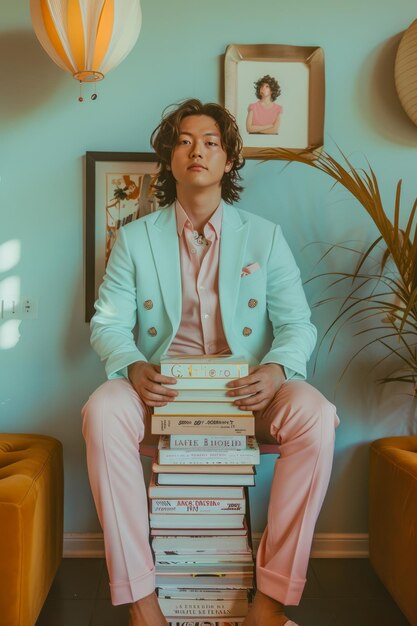 Joven elegante en traje pastel sentado en una pila de libros en una habitación vintage con decoraciones retro