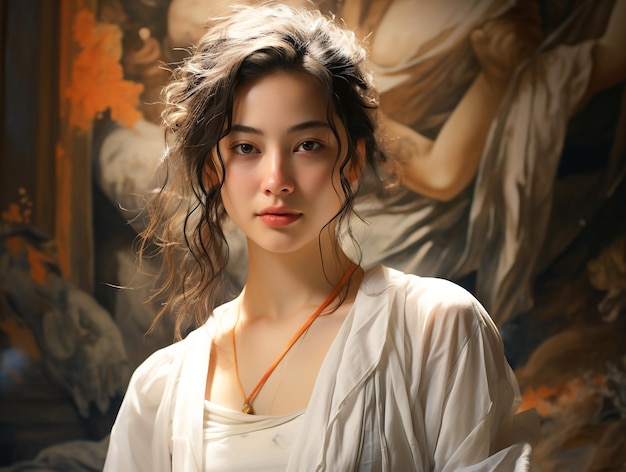 Una joven elegante con un vestido blanco frente a pinturas de realismo exótico IA generativa