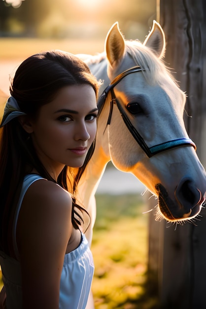 Una joven con un elegante vestido blanco posando con un caballo blanco en la naturaleza