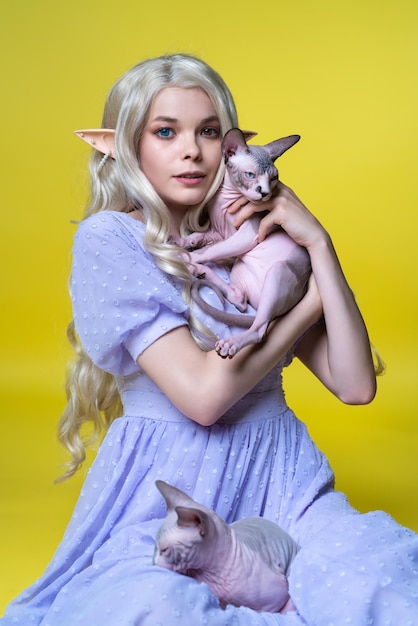 Joven elfa cosplay con vestido azul sentada con dos amados gatitos Sphinx mirando a la cámara