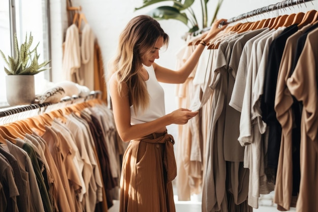 Joven eligiendo comprar ropa alegre mujeres vestido de tienda de moda feliz venta al por menor mujer