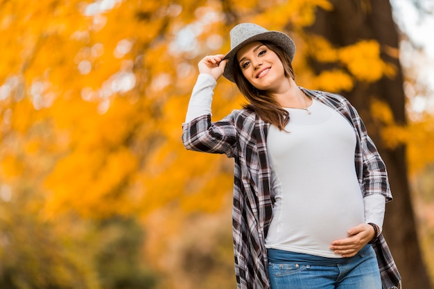 Foto joven embarazada en el parque otoño