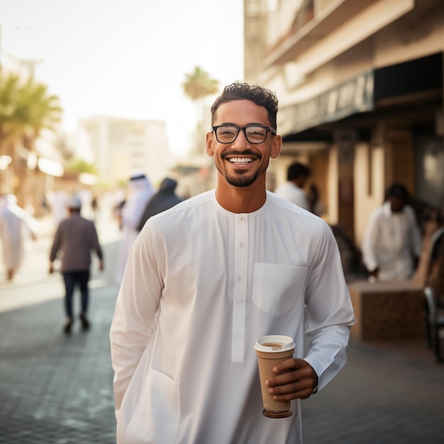 Un joven emiratí sosteniendo una taza de café sonriendo a la cámara