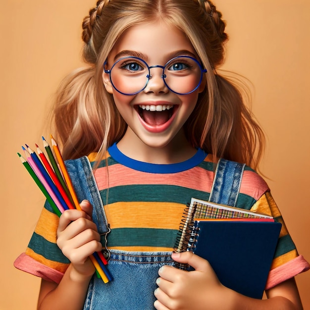 Una joven emocionada preparada para ir a la escuela