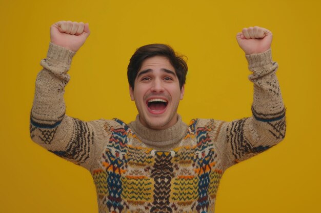 Un joven emocionado celebra el éxito con el gesto del ganador.