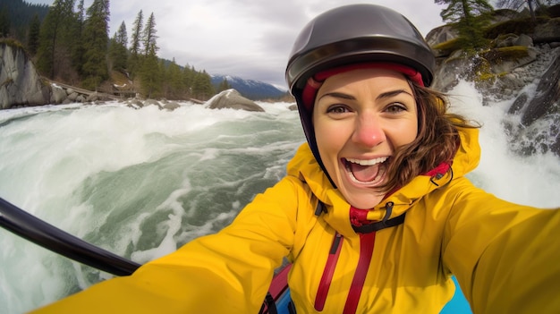Una joven emocional hace una selfie en un barco de vela con un amigo en un primer plano del río