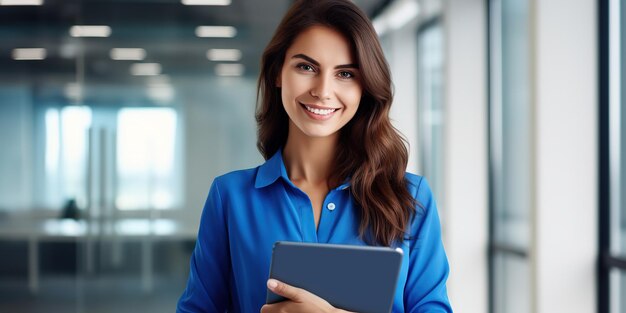 Una joven empleada de negocios exitosa con una camisa azul usa un rack de computadora de tableta en un escritorio