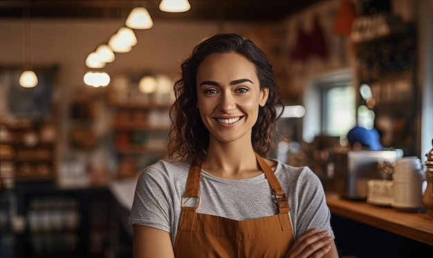 una joven empleada de la tienda sonriente de pie junto a un mostrador en una comida