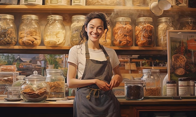 una joven empleada de la tienda sonriente de pie junto a un mostrador en una comida