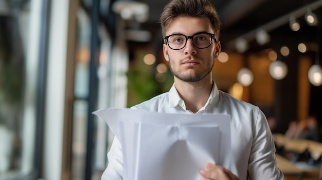 Joven empleado mostrando su documento de salario expresión facial decepcionada situación financiera frustración ingresos trabajo