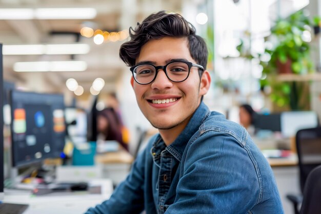 Joven empleado trabajando en la oficina retrato en primer plano de un hombre feliz