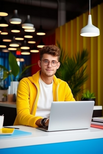 Foto un joven emprendedor moderno se reúne con sus colegas en una oficina moderna de colores brillantes