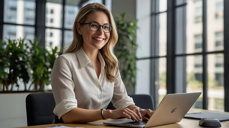 Una joven emprendedora sonriente una gerente ejecutiva feliz mirando a una cámara