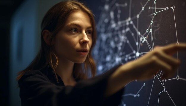 Foto joven empresaria adulta que estudia la fórmula científica sosteniendo un gráfico con la confianza generada por la ia
