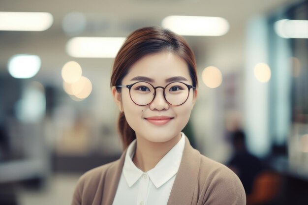 Joven empresaria asiática inteligente cara sonriente de pie en un fondo borroso de diseño interior de oficina colorido creativo AI generativo AIG20